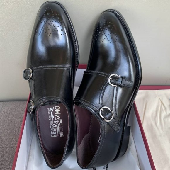 Authentic Salvatore Ferragamo Brighton Double Monk Strap Black Leather S… main image 8